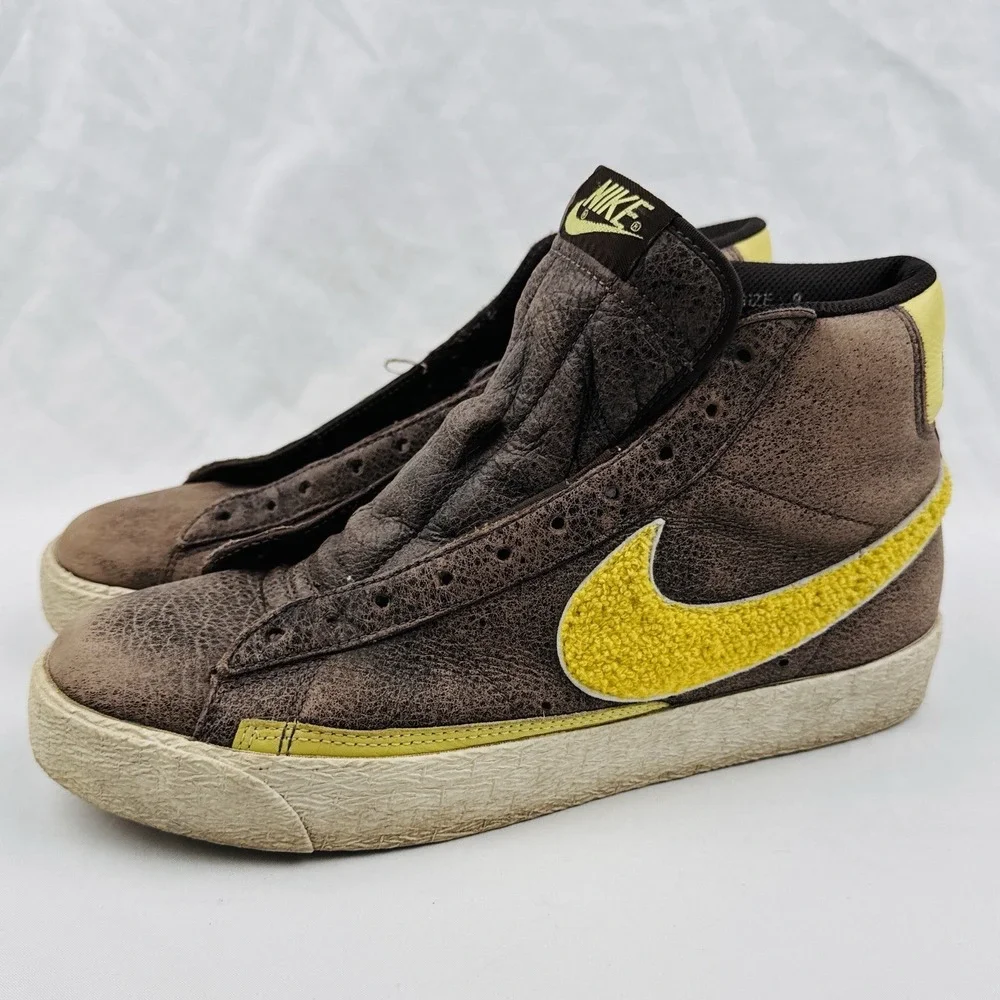 Nike Blazer Mid Premium Brown Yellow Sherpa Swoosh Sneakers 316963-271 Size 9